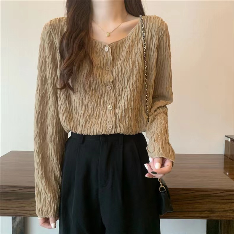 Kemeja Crinkle Wanita Korea V-neck Import Blouse Lengan Panjang