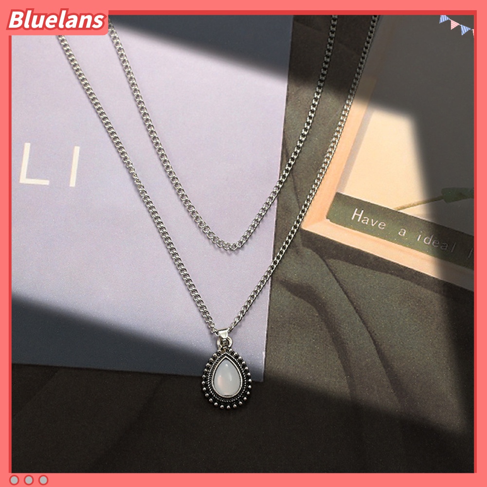 Kalung Choker Liontin Opal Bentuk Tetesan Air Lapisan Ganda Gaya Vintage Untuk Perhiasan Wanita