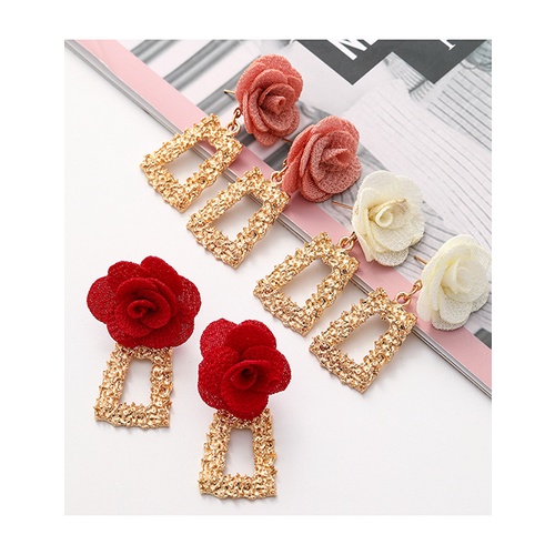 LRC Anting Tusuk Fashion Red Multi-layer Chiffon Cloth Lace Flower V3587X