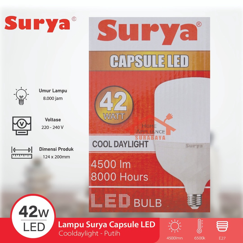 Lampu Capsule Kapsul Bohlam LED SURYA 6W/9W/14W/18W/28/36W/42W/50W Gen 3 6500K Cahaya Putih