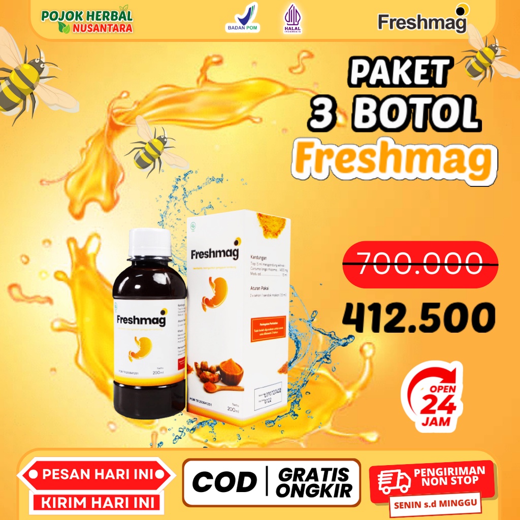 

PAKET 3 BOTOL FRESHMAG-FRESHMAG 100% Original Freshmag – Madu Lambung Herbal Alami Atasi Sakit Maag Gerd Asam Lambung Tinggi Dan Memperkuat Organ Pencernaan Isi 200ml