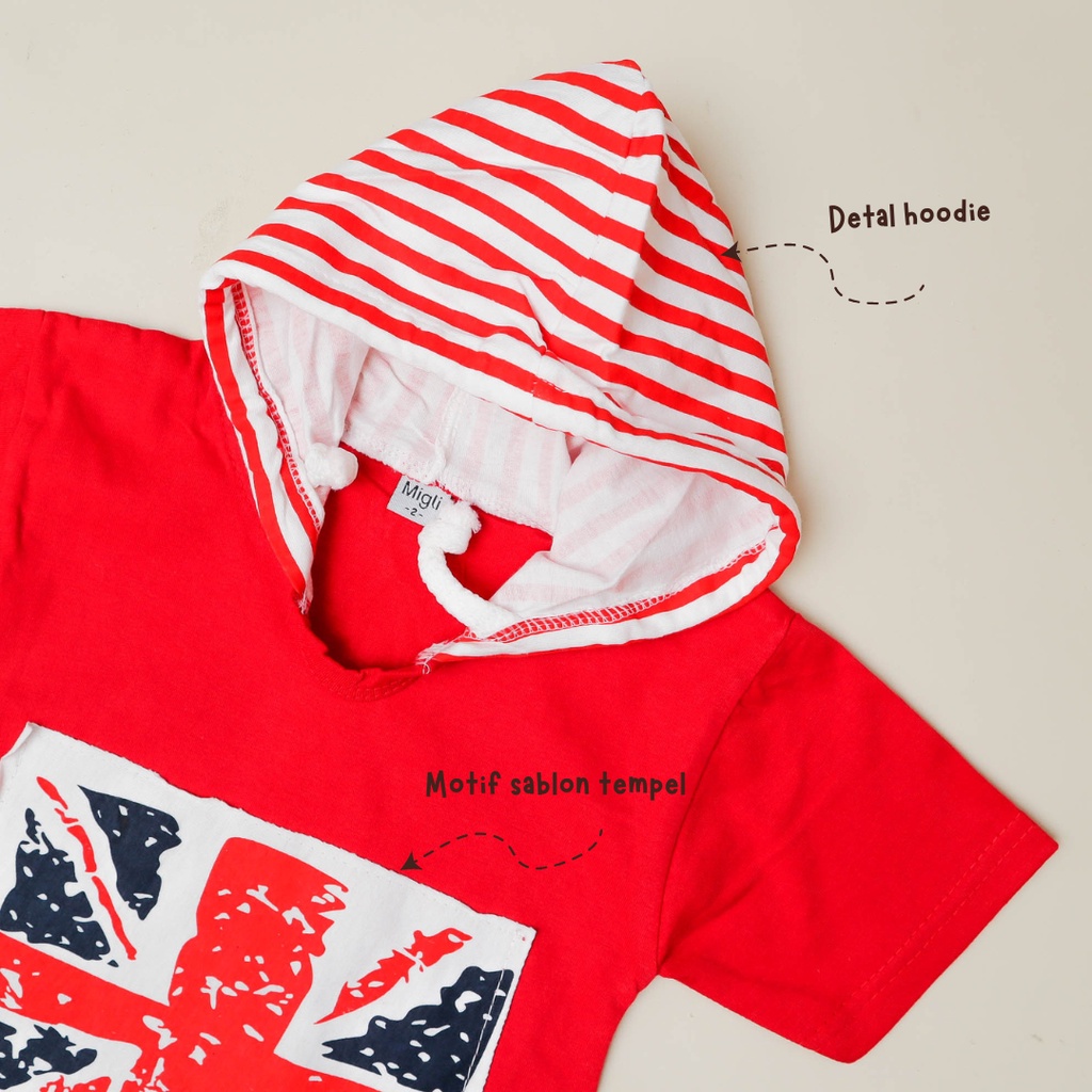 Setelan Baju Celana Anak Bayi Laki-laki Usia 6 bulan - 6 tahun IMK Motif England Hoodie Merah