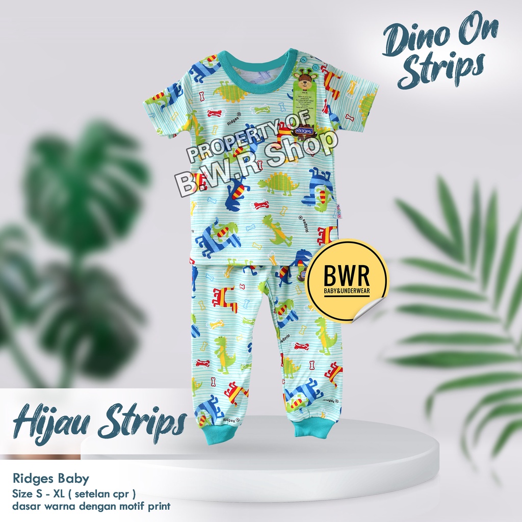 [ 3 Setel ] CPR Ridges Dino On Strips Terbaru / Setelan Ridges Baju Bayi Piyama Anak Unisex Kaos Pendek Celana Panjang Terlaris 10rs | Bwr