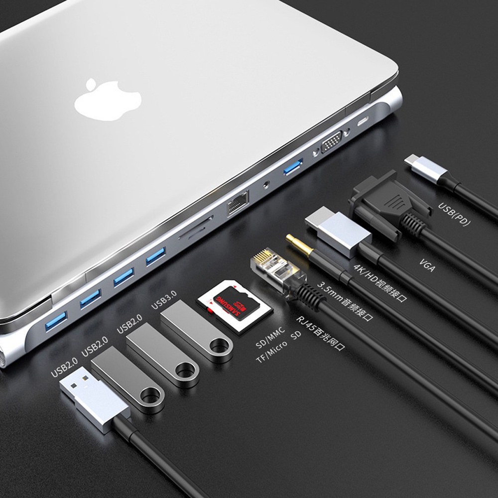 4 / 5 / 6 / 8 / 11 in 1 dock hub splitter usb 3.0 Tipe c 4k hdmi rj45 sd / tf vga pd Untuk macbook ipad laptop