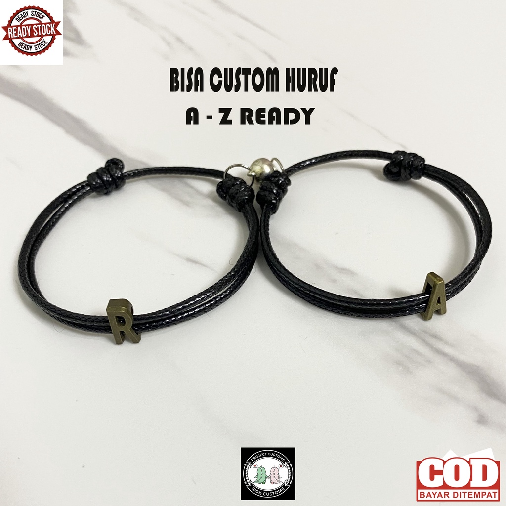 Gelang Couple/Kapel Pasangan Sahabat Magnet Huruf Logam Inisial Custom Nama Tali Hitam Pria Dan wanita