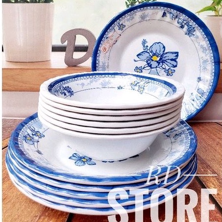 PROMO 12.PCS ISI 6.PIRING DAN 6.MANGKOK MOTIF ROSE BAHAN MELAMINE WARE TEBAL DAN KUAT