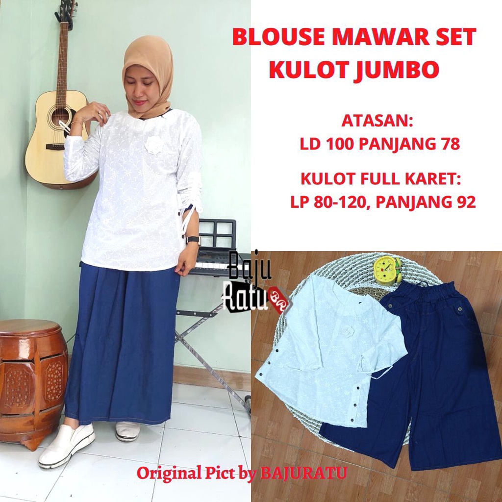 JULITA SET BLOUSE MAWAR KATUN PUTIH SETELAN CELANA KULOT JUMBO JEANS KEKINIAN GBM