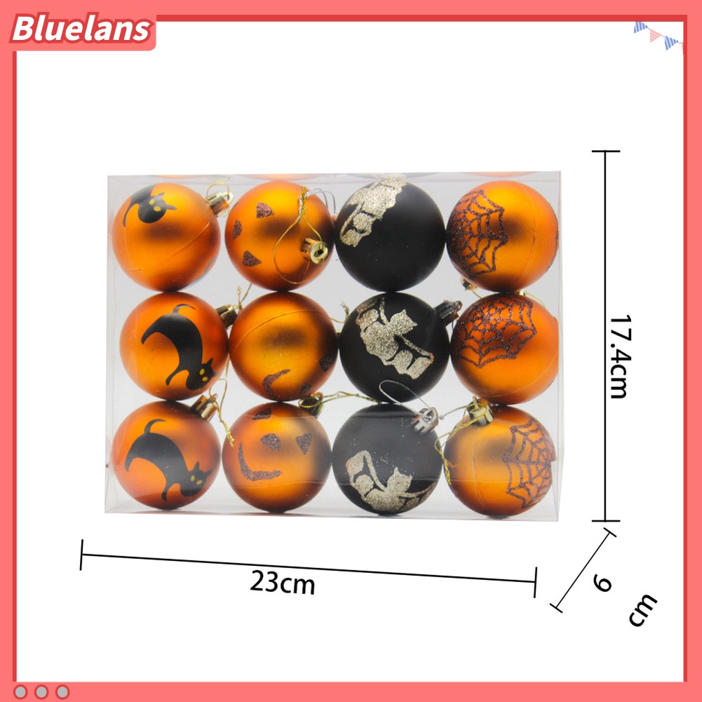12pcs Ornamen Gantung Bentuk Bola Bulat Motif Kucing Kelelawar Untuk Pesta Halloween
