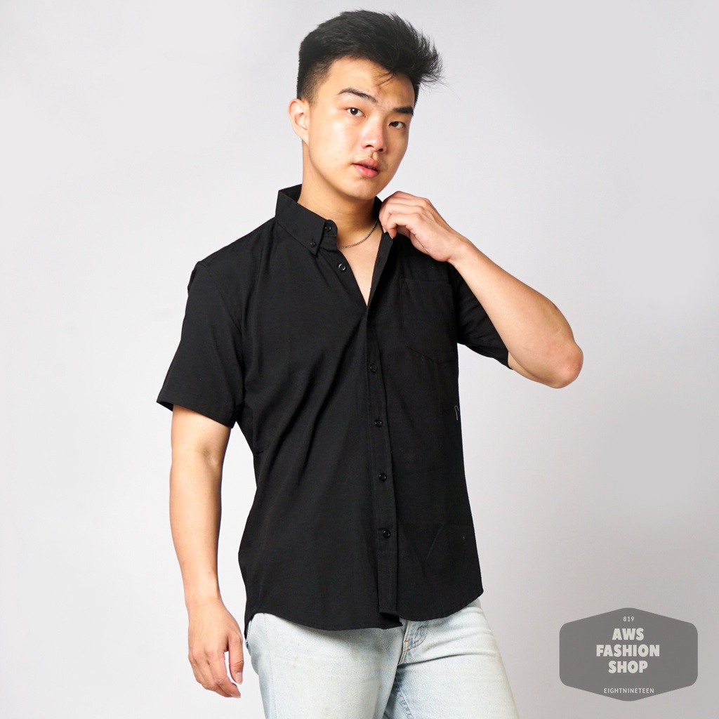 819 Kemeja Pria Lengan Pendek Polos HITAM BLACK Oxford Basic SIMPLE Slimfit Casual Tersedia Ready Sampai Size JUMBO BIG SIZE XXL XXXL