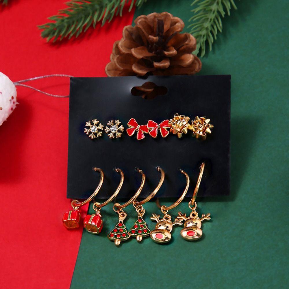 Mxbeauty Set Anting Natal Warna-Warni Berlian Imitasi ELK Perempuan Snowman Ear Stud Bell Perhiasan Fashion