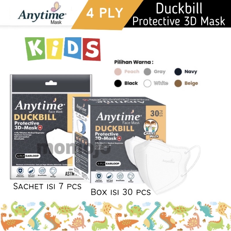 ANYTIME Masker Duckbill Kids Anak 4 Ply Earloop Medis Kemasan Box | Sachet