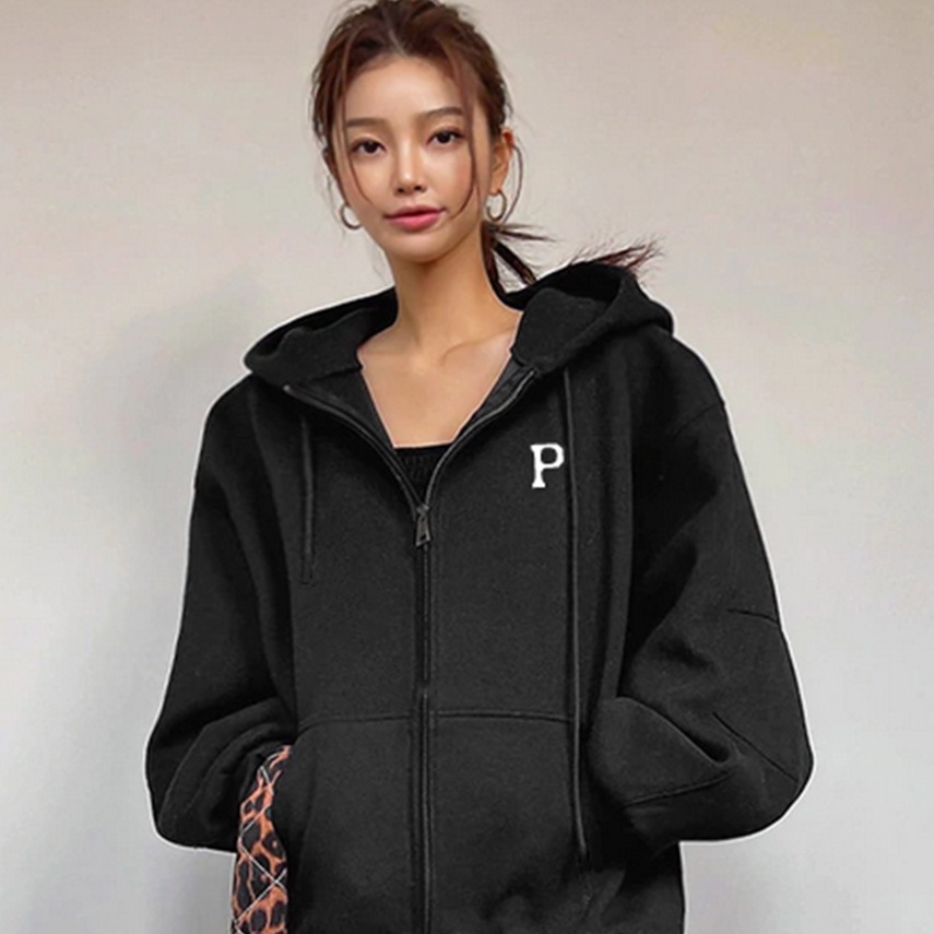 Hoodie Zipper Wanita Dan Pria initial P - Bahan Fleece - Size XXL