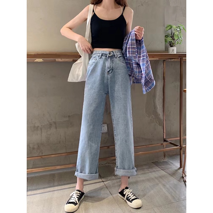 Mode Lurus Tinggi Perempuan Korea Pinggang longgar lebar Leg Jeans