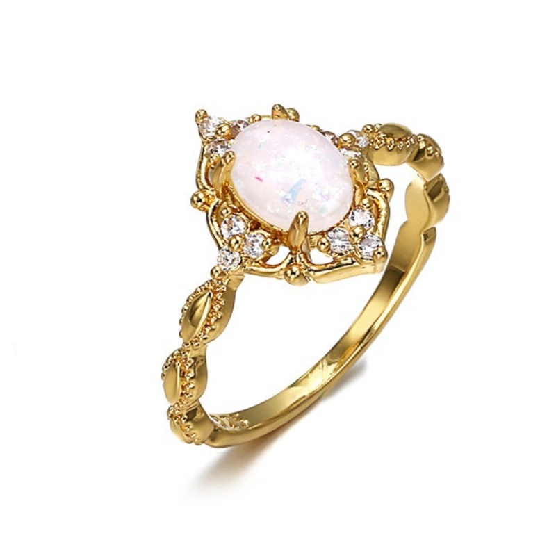 Goldkingdom Perhiasan Fashion Aksesoris Bangkok 24K Ready Stock Cincin Opal Wanita Lapis Emas Asli Kadar 375 Dengan Batu Permata Putih Moonlight Minimal