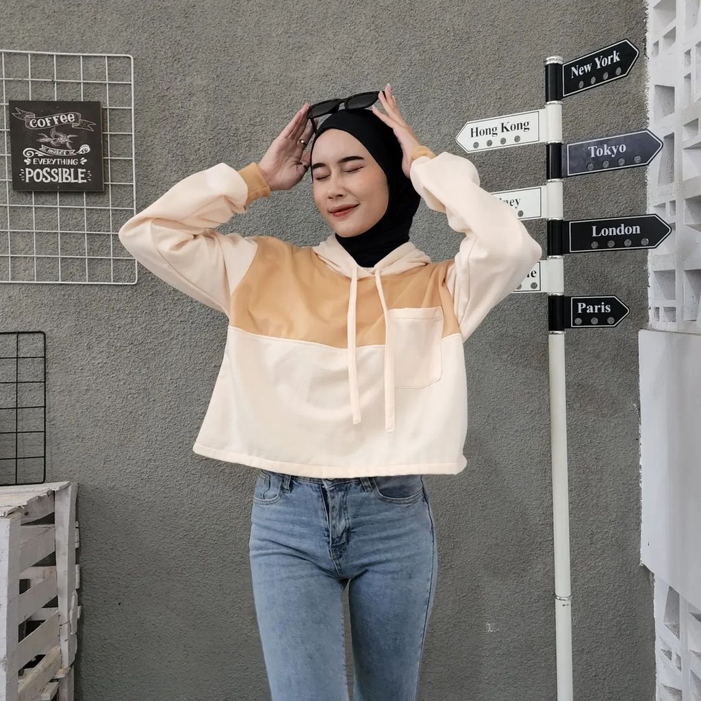 AGNES POCKY Hoodie Croope Sweater Wanita Oversize Sweater Atasan 2 Tone Jacket Terbaru Korean OOTD Kasual Style Fashion Terkini