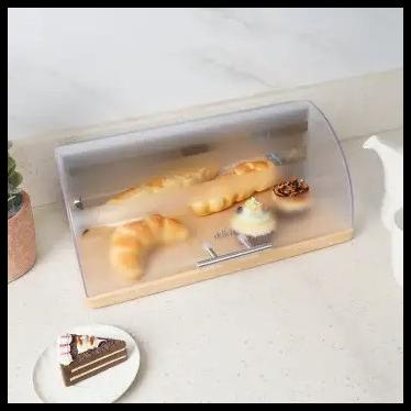 Tempat Roti Transparan Tawar Bread Box Alas Kayu Tutup Plastik