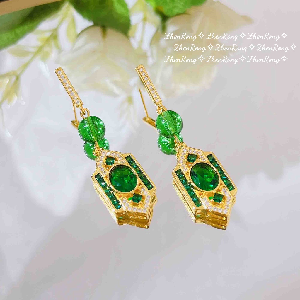 Goldkingdom Perhiasan Fashion Emas Asli Kadar 375 Bangkok Aksesoris Ready Stock Klasik Art Deco Style Suit Emerald Pendant Cincin Berlian Hijau Anting