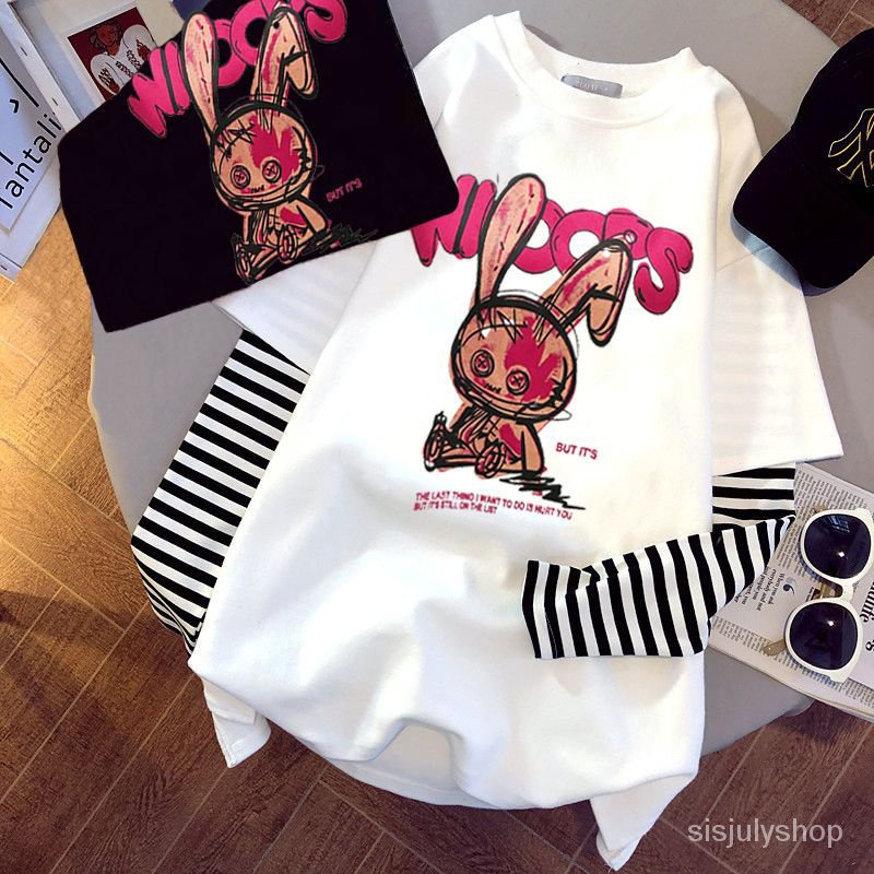 #Sisjuly# Beruang wanita bergaris-garis jahitan palsu dua potong kaos lengan panjang wanita longgar