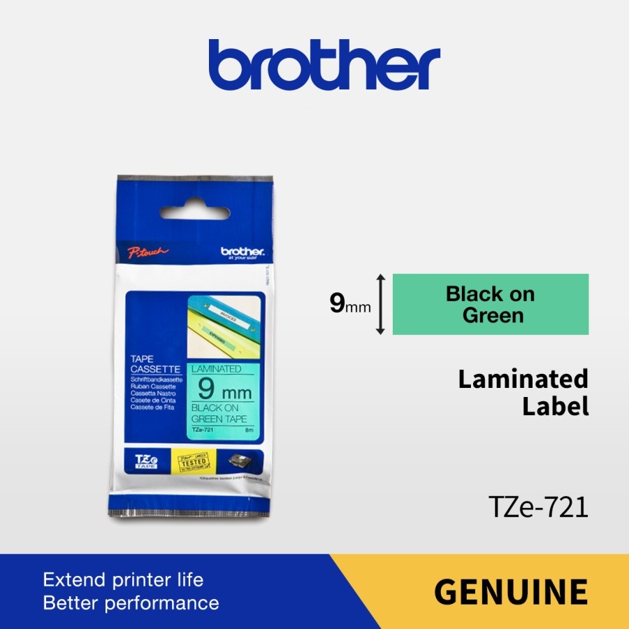 

Brother Color Tape TZE-721 9mm Laminated Black On Green