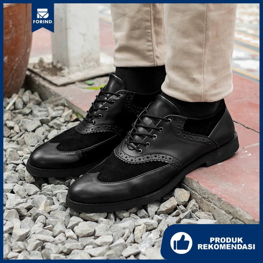 Leeds Black | Sepatu Pantofel Hitam Pria Casual Kerja Cowok Oxford Longwing Wingtip Pantofel Laki | Lvnatica x FORIND