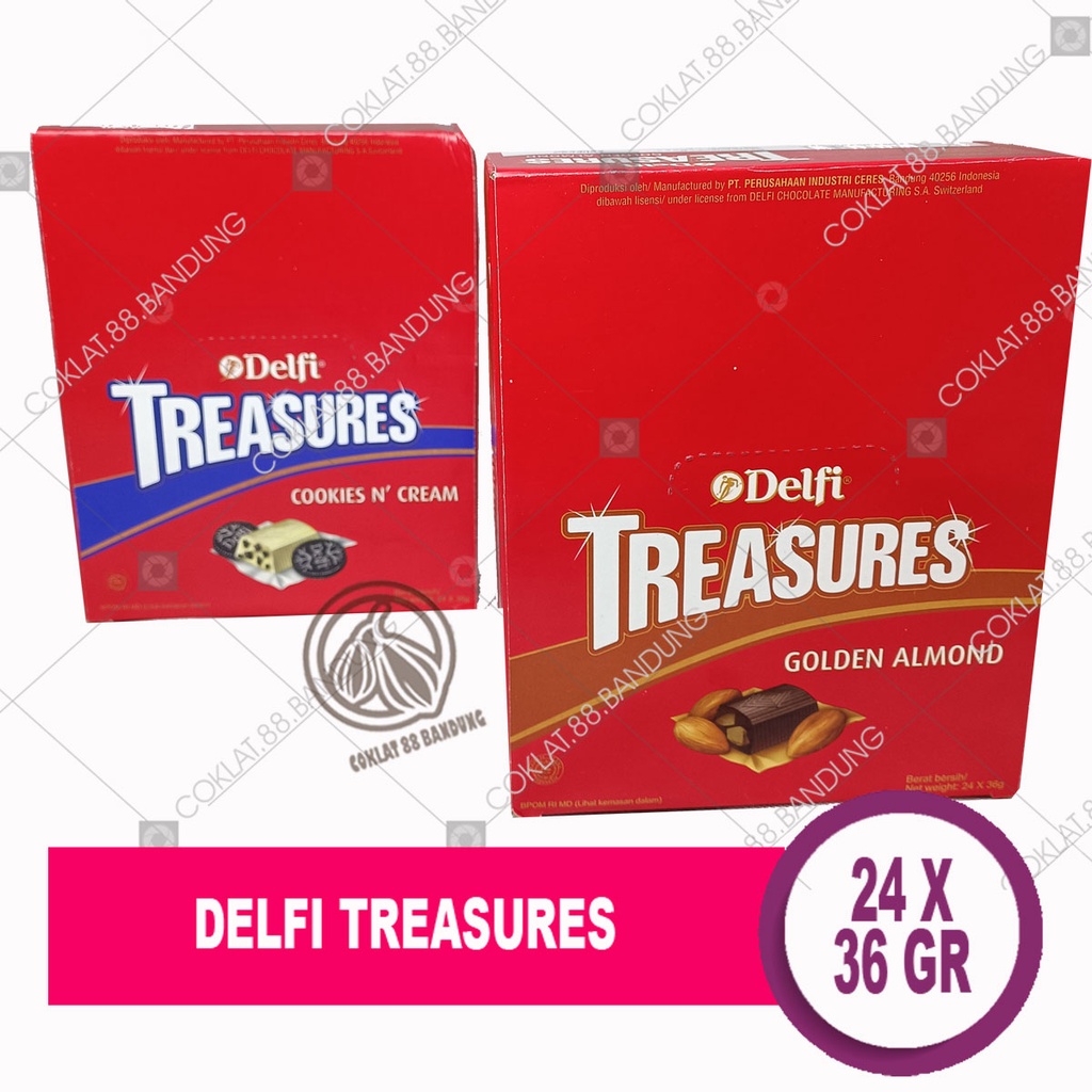 

COKLAT DELFI TREASURE BOX ISI 24 BAR PACK X 36GR GOLDEN ALMOND, DELFI TREASURES COOKIES AND CREAM ISI 96 PCS X 9 GRAM