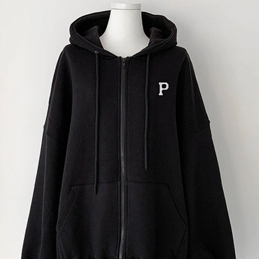 Hoodie Zipper Wanita Dan Pria initial P - Bahan Fleece - Size XXL