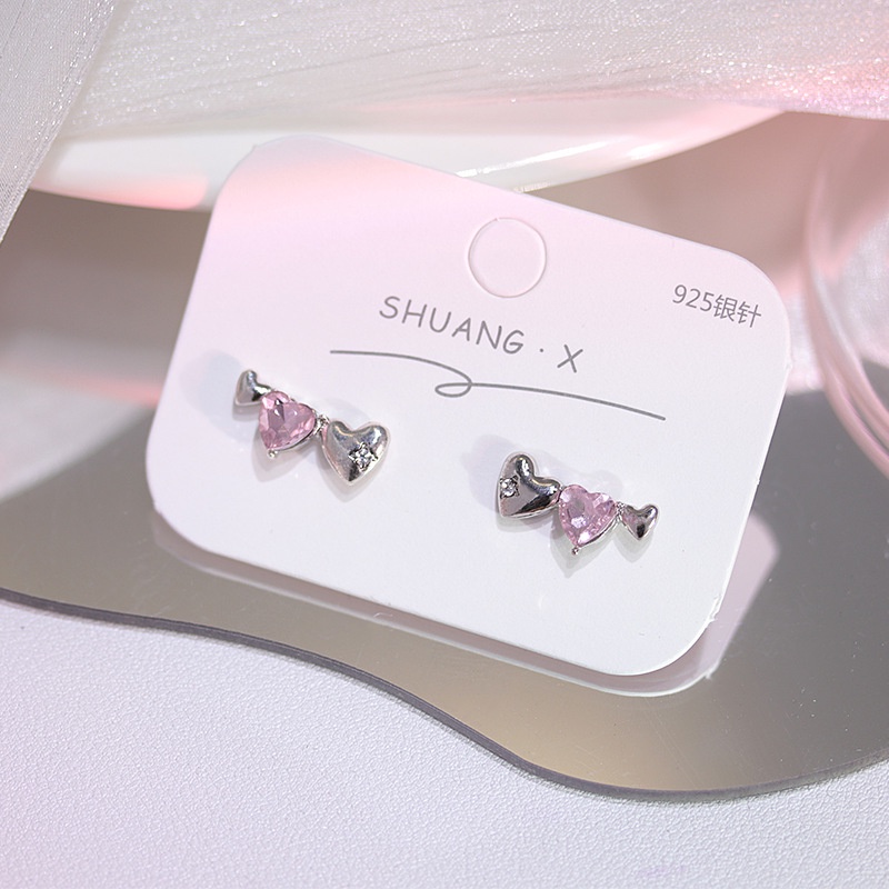 Anting Stud 925 Silver Bentuk Hati Aksen Berlian Warna Pink Untuk Wanita