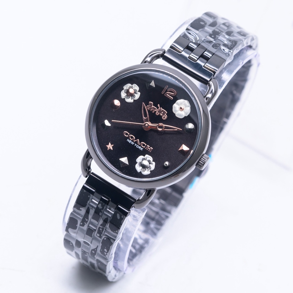 COD Jam Tangan Wanita Coach Flower Rantai Body Bulat Knop Gerigi Free Box Kancing
