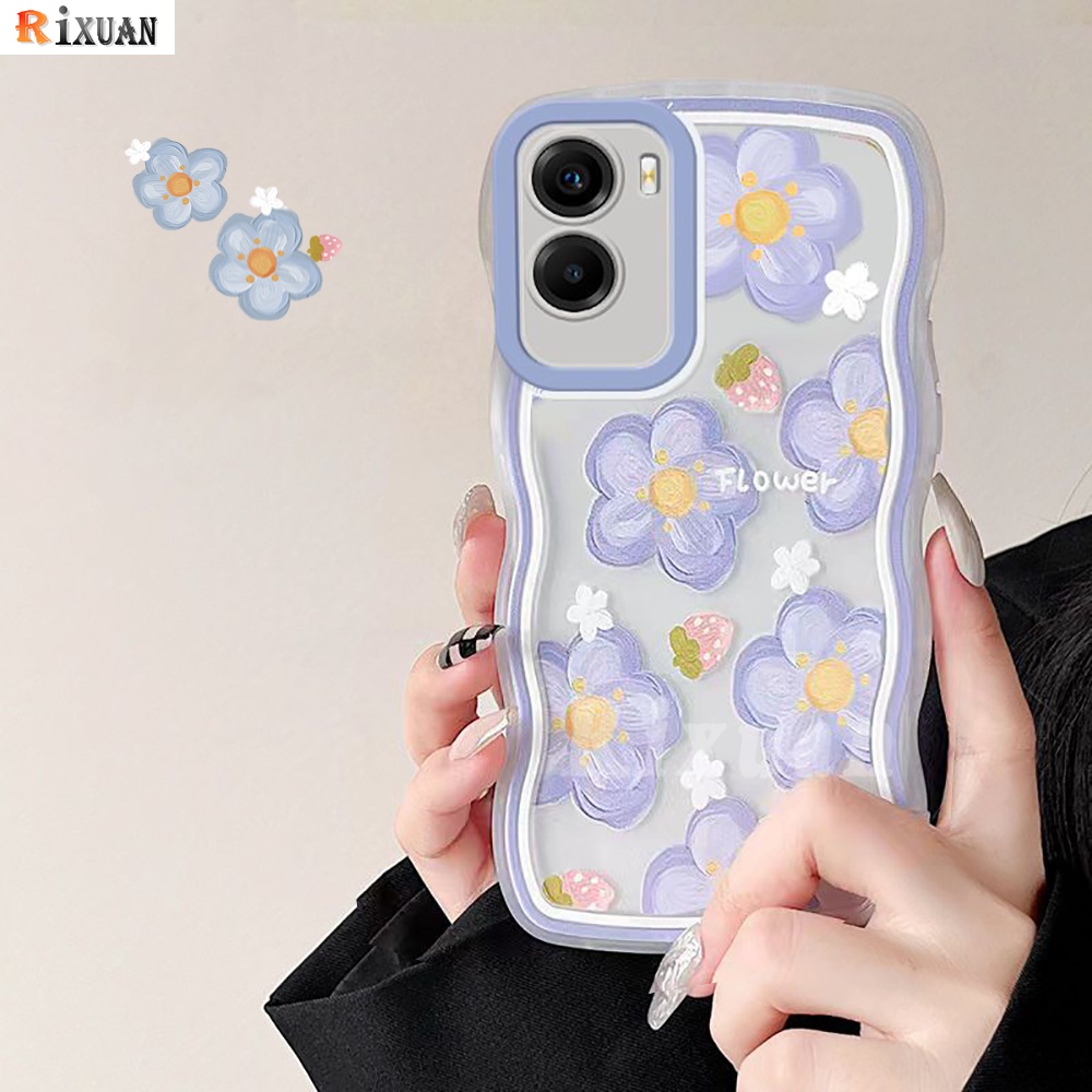 Soft Case VIVO Y02 Y16 Y35 Y22 Y21s Y15s Y15A Y33s Y20 Y12i Y01 Y12 Y12s Y1s Y15 V25 Y91C Y17 Y30 Y21T Y20s Y11 Y91 Fresh Strawberry Flowers Wave Frame Penutup Belakang Tahan Guncangan Rixuan