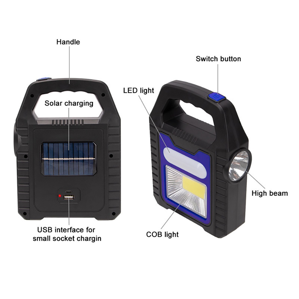 Senter Camping tenaga surya bisa Carger HP Lampu LED Solar Power Recharge cas ulang tenaga matahari Portable Solar Lamp COB LED Work Lantern Waterproof Emergency Spotlight USB Rechargeable Hand Lamp for Outdoor Hiking Camping