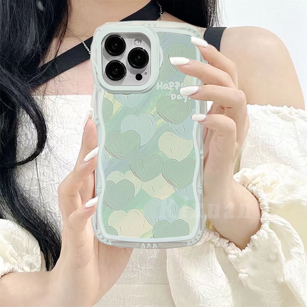 Vivo Y02 Y16 Y22 Y35 Y22s Y21s Y15s Y15A Y33s Y20 Y01 Y12 Y12s Y1s Y15 V25 Y91C Y17 Y30 Y21T Y11 Wavy Edge Case Lukisan Cat Minyak Cinta Hijau Hati Bunga Ungu Soft Clear Cover RIXUAN