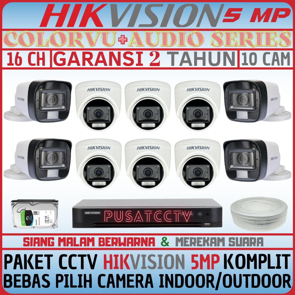 PAKET CCTV HIKVISION 5MP 16 CHANNEL 10 CAMERA TURBO HD KOMPLIT SIANG MALAM BERWARNA DAN REKAM SUARA