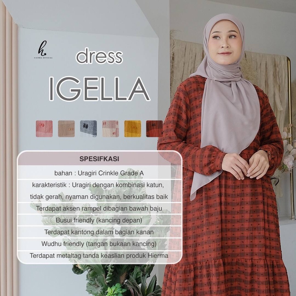 GAMIS SYARI MOTIF KOTAK BAHAN URAGIRI CRINKLE GRADE A | IGELLA DRESS BY HIERMA