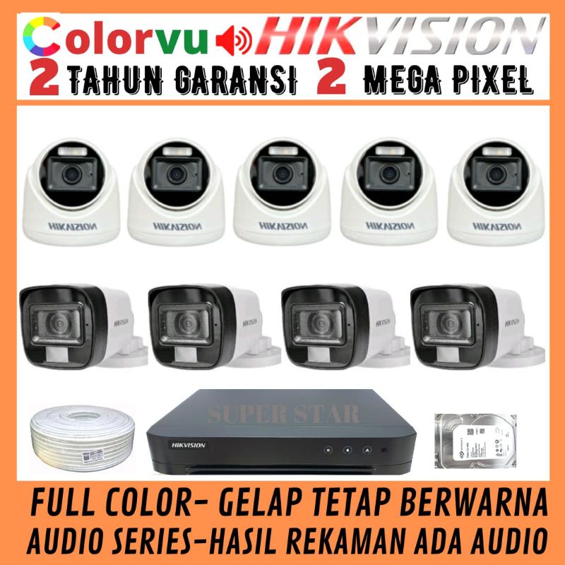 PAKET CCTV COLORVU HIKVISION 16 CHANNEL 9 KAMERA 2MP AUDIO FULL COLOR