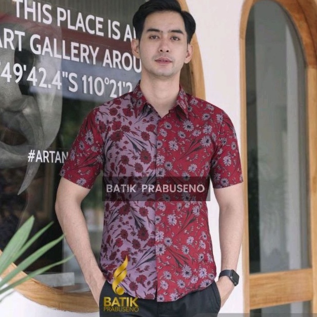 Danumeta Lengan Pendek Slimfit Original Baju Batik Prabuseno Kemeja Pria Bahan Katun Printing Halus 