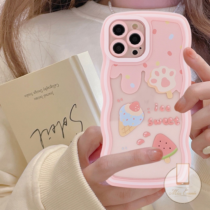 Case Es Krim Musim Panas Redmi9 12C 10 9T 9A 10A A1 A1+10C 9C NFC Redmi Note10 Note 11 Pro+Note9 8 Note 10s 11s 10 Pro Max Plus Strawberry Bear Wavy Edge Casing TPU Lembut Tahan Guncangan