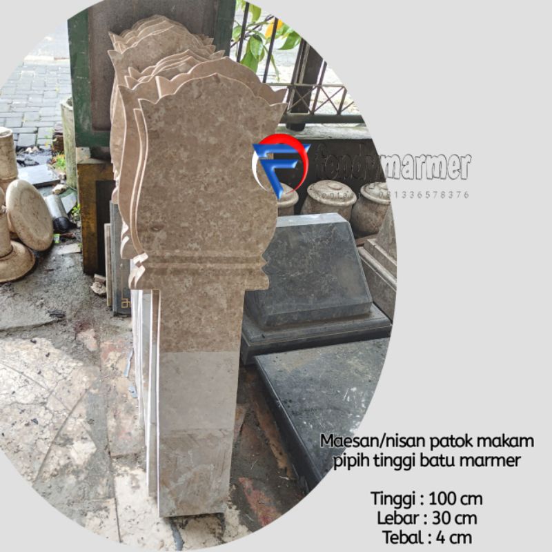 Sepasang Nisan makam patok model pipih batu alam marmer putih krem T.100