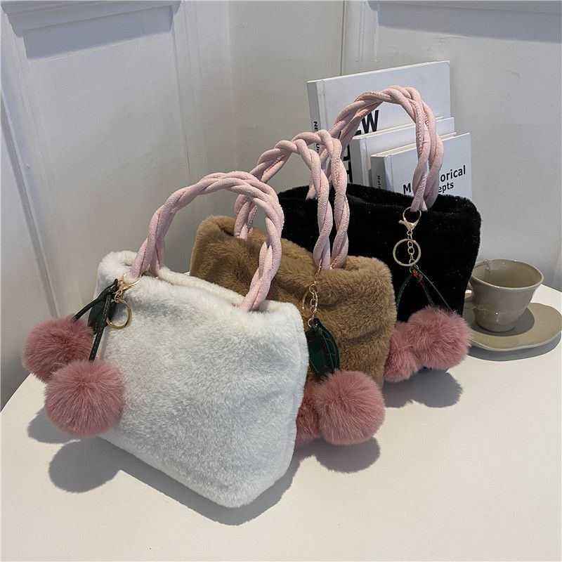 [littlecrab] Tas Wanita Cherry Bulu Lembut Halus Tas Unik Model Persegi Cute Fluffy Bag Free Gantungan Ceri Sling Bag Berkualitas Cute Multifungsi Korean Style