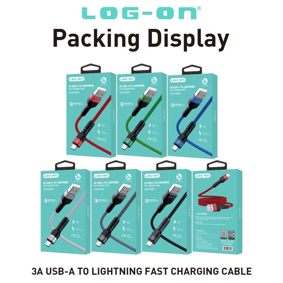 KABEL CHARGER LOG ON MICRO USB TYPE-C LIGHTNING 3A MAXIMUS QUALCOMM 4+ BRAIDED NYLON LO-CB69