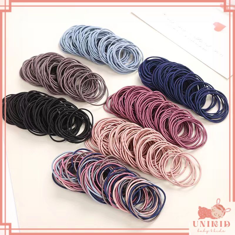 UNIKID 100pcs Ikat Rambut Karet Polos Elastis Gaya Korea Wanita Kuncir rambut Karet Rambut Karet Gel
