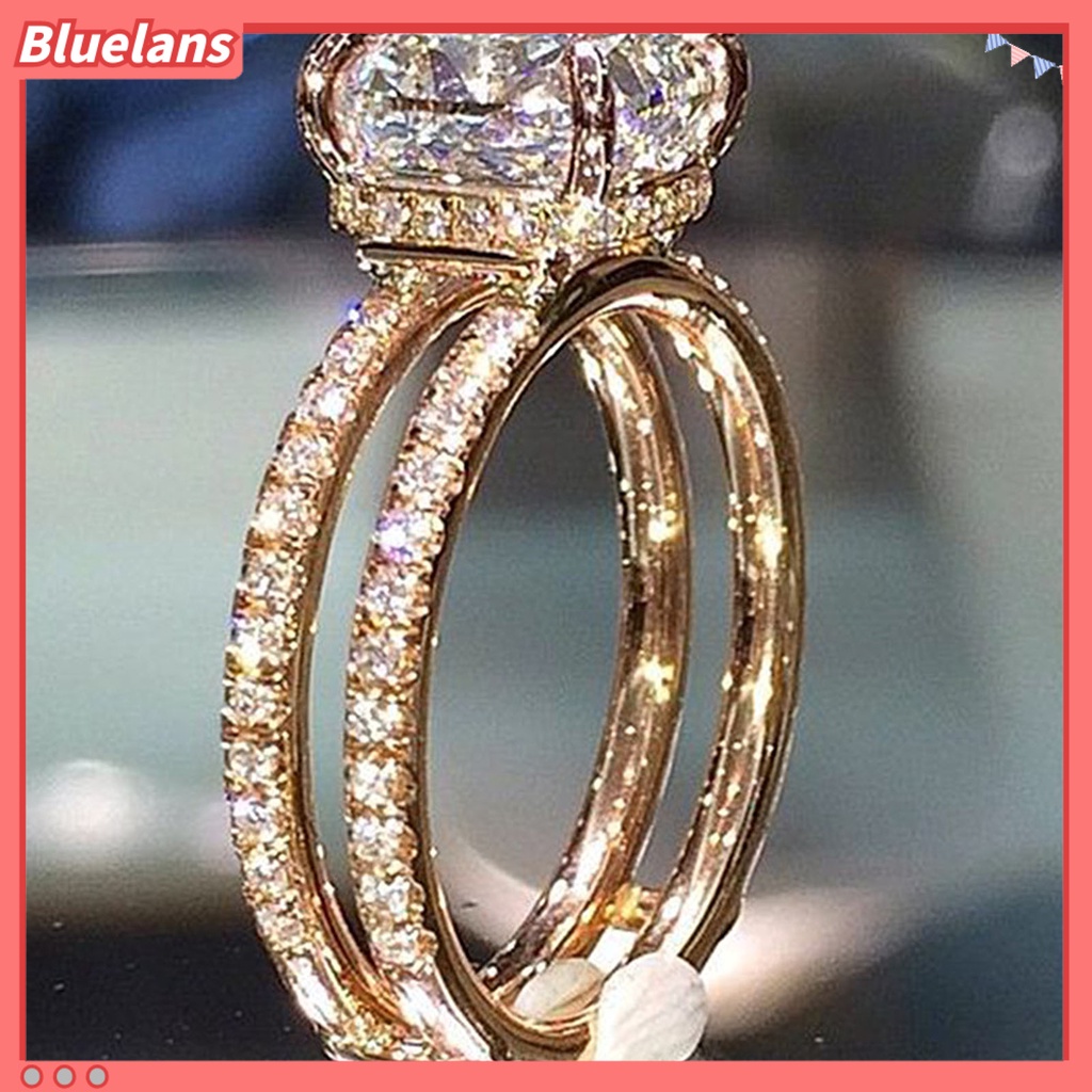 Bluelans Cincin Wanita Model Lapis Ganda Bentuk Persegi Aksen Berlian Imitasi Untuk Pernikahan