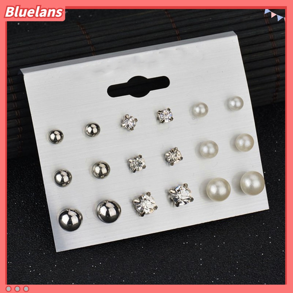 6 / 9 / 12 Pasang Anting Stud Mutiara Berlian Imitasi Untuk Wanita