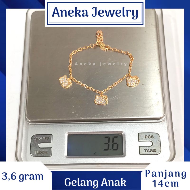 Gelang Anak Holo Gantung Hello Kitty Mata2, Perak 925, Sepuh Emas Rosegold