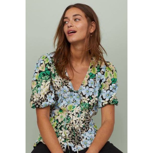 ICENEM GREEN FLORAL PUFF SLEEVE BLOUSE