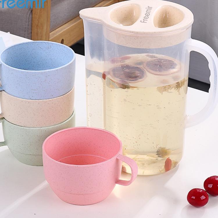 Terlaris freemir Free 4 cangkir Set Teko Plastik Warna Warni Wadah Teh Jus Sirup Kopi Wheat Straw Mu