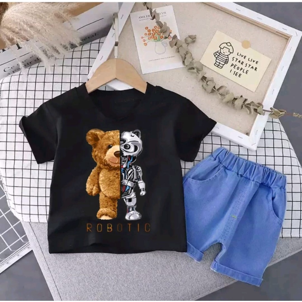 PROMO / SETELAN BAJU ANAK MOTIF ROBOT BEAR DENIM / FASHION BAJU ANAK LAKILAKI DAN ANAK PEREMPUAN USIA 6-10BLN 1-5THN / PAKAIAN ANAK MODEL TERBARU DENGAN ADA NYA MOTIF HEWAN DAN ROBOT DIBAGIAN DEPAN BAJU NYA / BAHAN COMBED CELANA DENIM PENDEK TREDY 2022