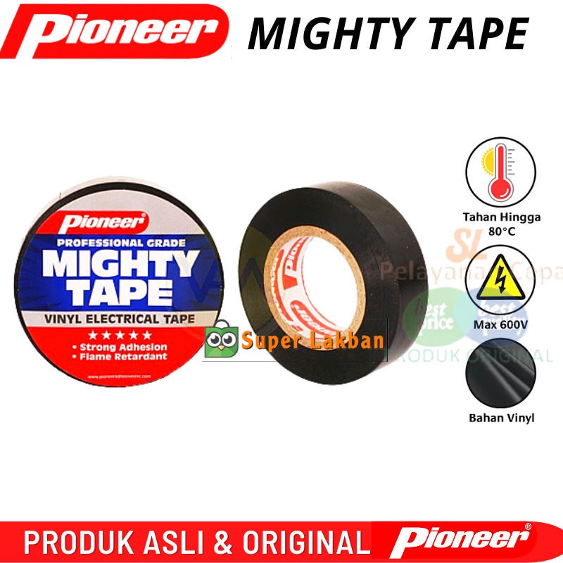 Lakban Isolasi Kabel Listrik Tahan Api 19mm x 20M Pioneer Mighty Tape Anti Bakar Cegah Korsleting Selotip Hitam