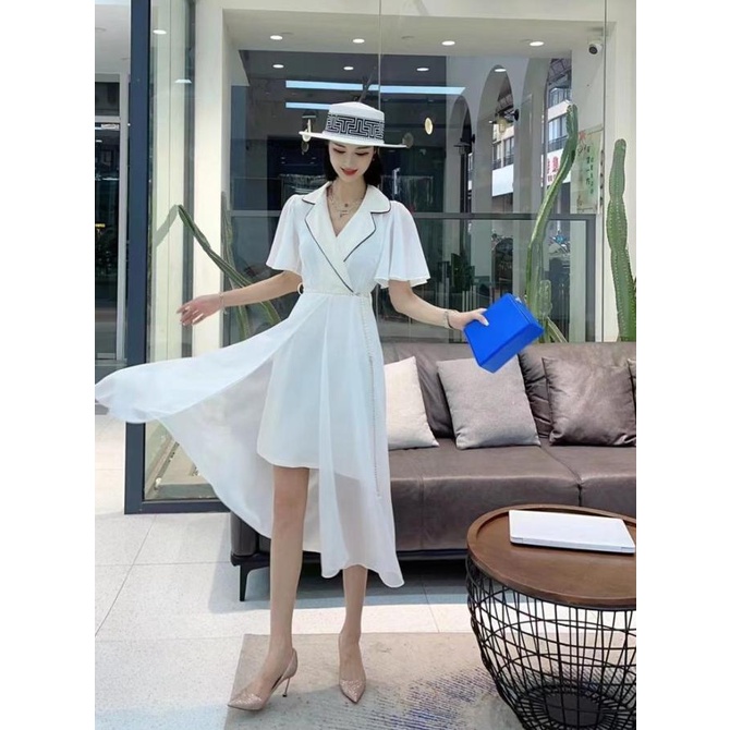 Midi Dress Sexy Wanita Import/ Collar Dress V-Neck Cotton Mix Chifon Alisyashop1