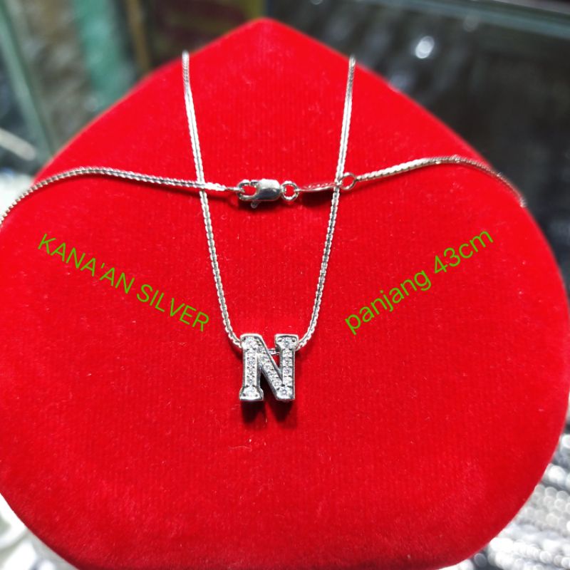 Kalung italy Santa+liontin tusuk huruf (N) 43cm remaja & dewasa perak asli 925 mata diamond putih ki