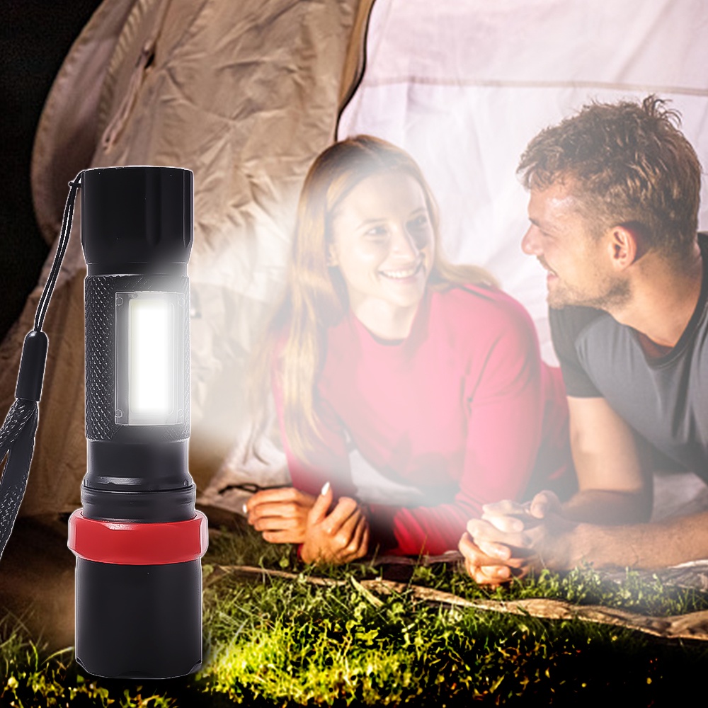 Lampu Senter COB LED USB Rechargeable 3 Mode Jarak Jauh Anti Air Portable Untuk Hiking / Camping